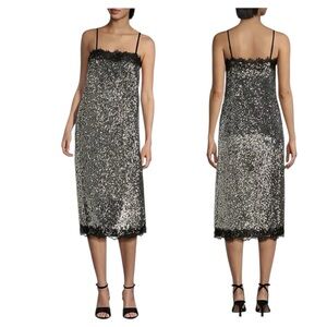 Gianni Bini x Lilly Sisto Allegra Sequin Dress Lace Trim Square Neck Party Sz 10